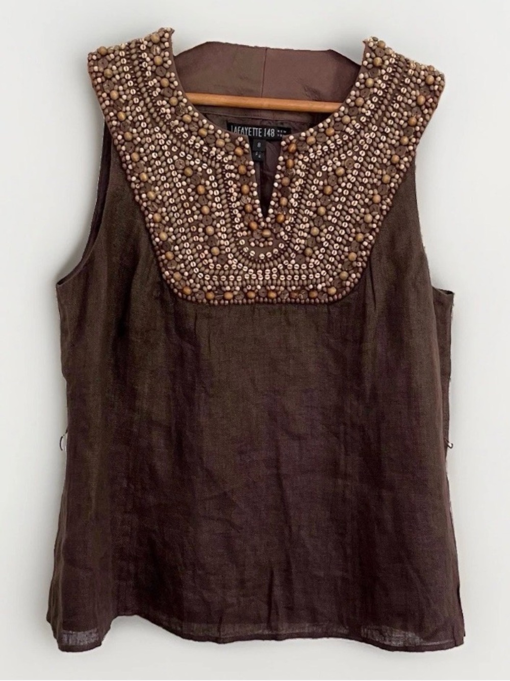 Lafayette 148 Women’s SZ 14 Large New York Linen Sleeveless Blouse Brown Boho